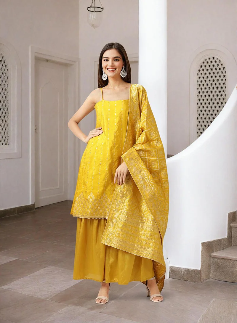 آي شين Women'S Yellow 100% Polyester Self Design Full Length Palazzo Kurta Set